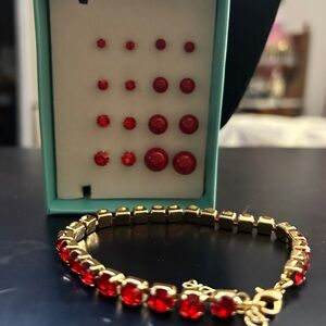 red statement jewelry lot gold-tone tennis bracelet and red stud earrings